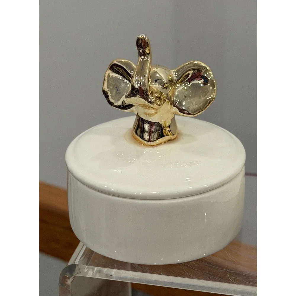 Elephant Jewelry Box and Trinket Dish Ring Holder White With Metallic Gold Set 2